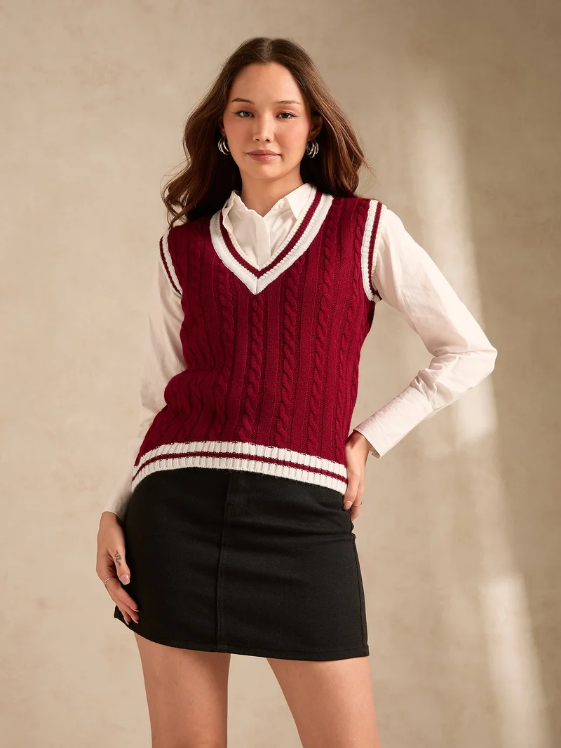Outzidr Red Red Varsity Contrast Tipping Sweater for Women | Best Price UAE